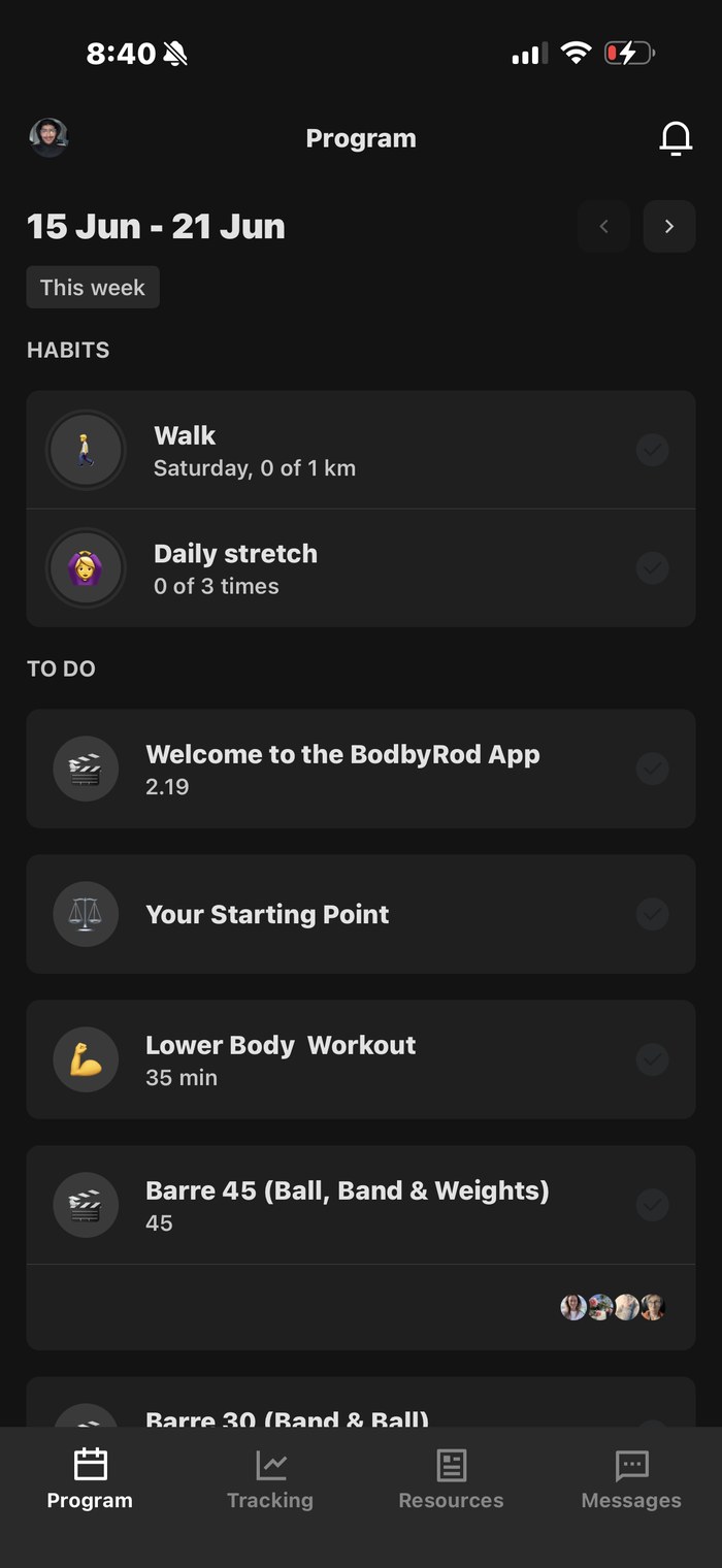 BodbyRod app — your weekly programme